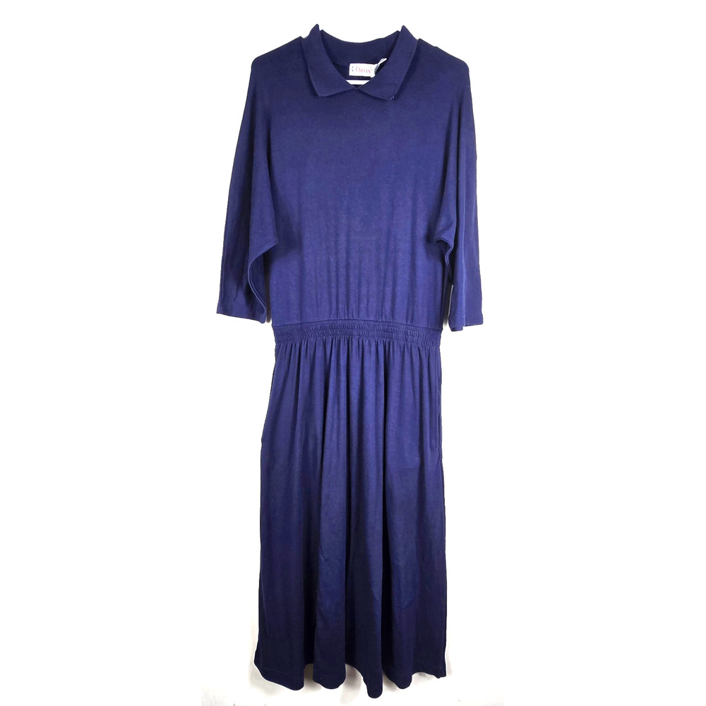 VTG Orvis Midi Polo Dress Smocked Waist Dolman Sleeve 100% Cotton Navy Blue L